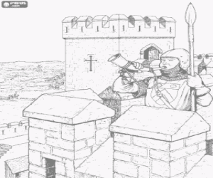 Colorear Un guardia en la torre del castillo soplando el cuerno y con la lanza en la mano