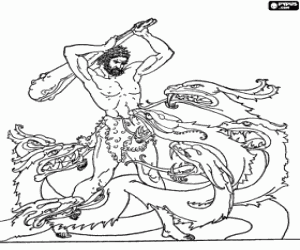 Colorear Un hombre se enfrenta a la hidra de Lerna, monstruo acu�tico con forma de serpiente con siete cabezas