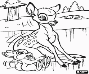 Colorear Un jovencito Bambi jugando con el conejito Tambor en el lago helado