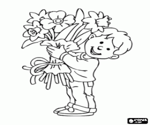 Colorear Un ni�o con el regalo para su madre, un gran ramo de flores