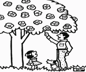Colorear Un padre con su perro ense�ando a su hija las flores de un �rbol florido en primavera 