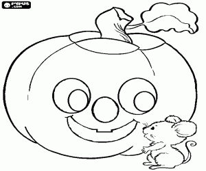 Colorear Un simp�tico ratoncito al lado de una calabaza de Halloween con cara sonriente