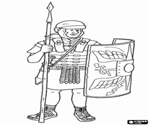 Colorear Un soldado romano, un legionario armado con el pilum (la lanza), la espada, el casco, la armadura y el escudo