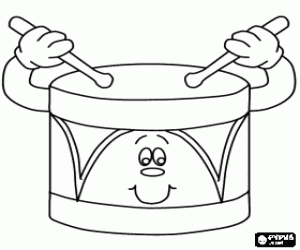 Colorear Un tambor, animado y con cara, golpeado o percutido con un par de baquetas