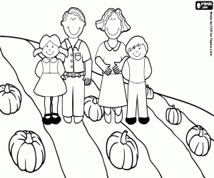 Colorear Una familia en el campo durante el oto�o con la cosecha de calabazas