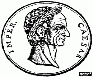 Colorear Una moneda de plata de la antigua Roma, un denario con la cara de Julio C�sar o Iulius Caesar luciendo una corona de laurel