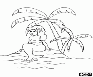 Colorear Una preciosa sirena en la orilla de una peque�a isla con palmeras