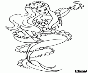 Colorear Una sirena adornada con una corona de perlas y rodeada por una serpentina de burbujas