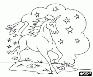 Colorear Unicornio - Caballo joven con un cuerno en espiral