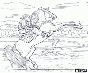 Colorear Vaquero o cowboy montando un caballo salvaje en un rodeo