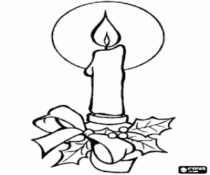 Colorear Vela de Navidad encendida adornada con unas hojas de acebo y un lazo