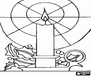 Colorear Vela de Navidad encendida con la llama iluminando en un platito adornado con hojas de acebo