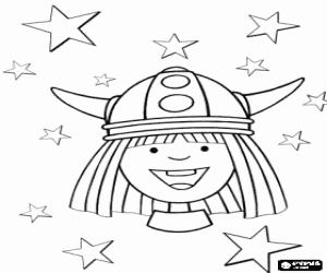 Colorear Vicky el vikingo sonriente con su casco con cuernos y entre estrellas