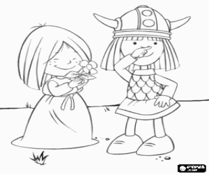 Colorear Vicky o Wickie el vikingo frot�ndose la nariz mientras piensa al lado de su mejor amiga, Ylvi