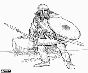 Colorear Vikingo desembarcando de su barco completamente armado y con el escudo y la lanza en las manos