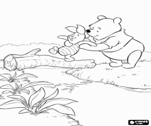 Colorear Winnie The Pooh ayudando a Piglet a cruzar el arroyo pasando por un tronco