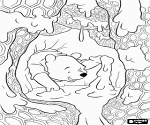 Colorear Winnie The Pooh recogiendo miel del interior de una colmena