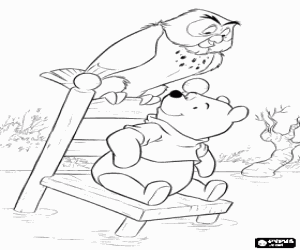 Colorear Winnie The Pooh y B�ho en una silla en medio del estanque