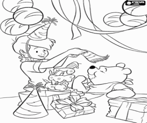 Colorear Winnie The Pooh y Christopher Robin en una fiesta de cumplea�os con pastel, globos, gorritos de papel y regalos