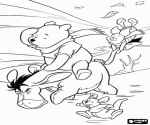 Colorear Winnie The Pooh y sus amigos avanzando contra el fuerte viento