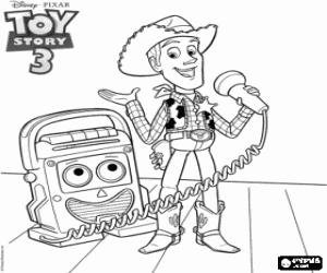 Colorear Woody hablando por el microfono a todos los juguetes