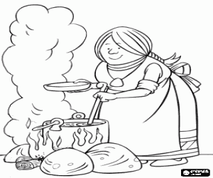 Colorear Ylva, la esposa del jefe y madre de Vicky, cocinando 