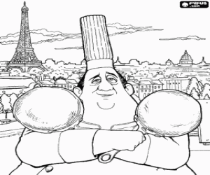 El chef Auguste Gusteau con dos sartenes en la ciudad de París con la torre Eiffel al fondo para colorear