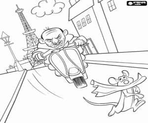 El chef del restaurante de Gusteau, Skinner, persiguiendo con la motocicleta a Rémy por las calles de París para colorear