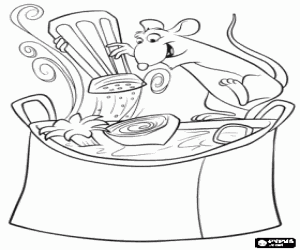 Rémy disfrutando en la preparación de un plat en la cocina del restaurante para colorear