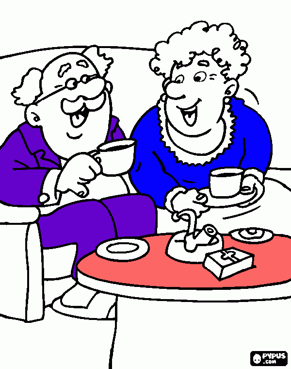 Abuelitos tomando cafe para colorear