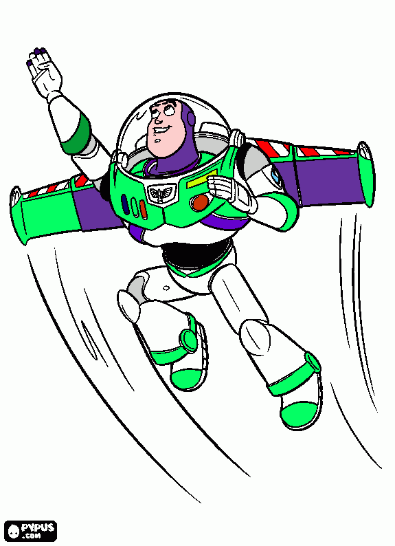 aca esta buzzlightyear  bolando con sus  alas bioletas y con su     casco a traje  de  guardian  espacial para colorear
