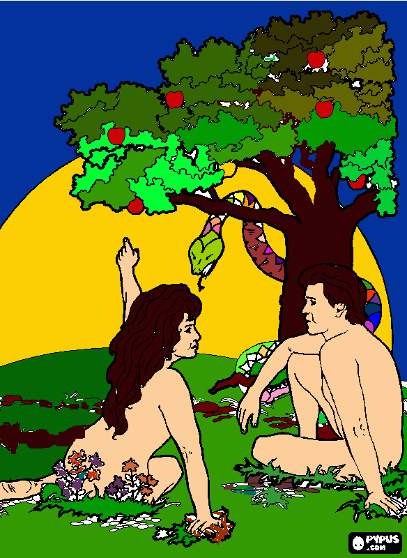 adan y eva tentados por la serpiente a comer la manzana  para colorear