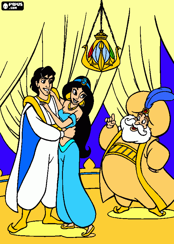 Aladdin, Jasmine, Sultan para colorear