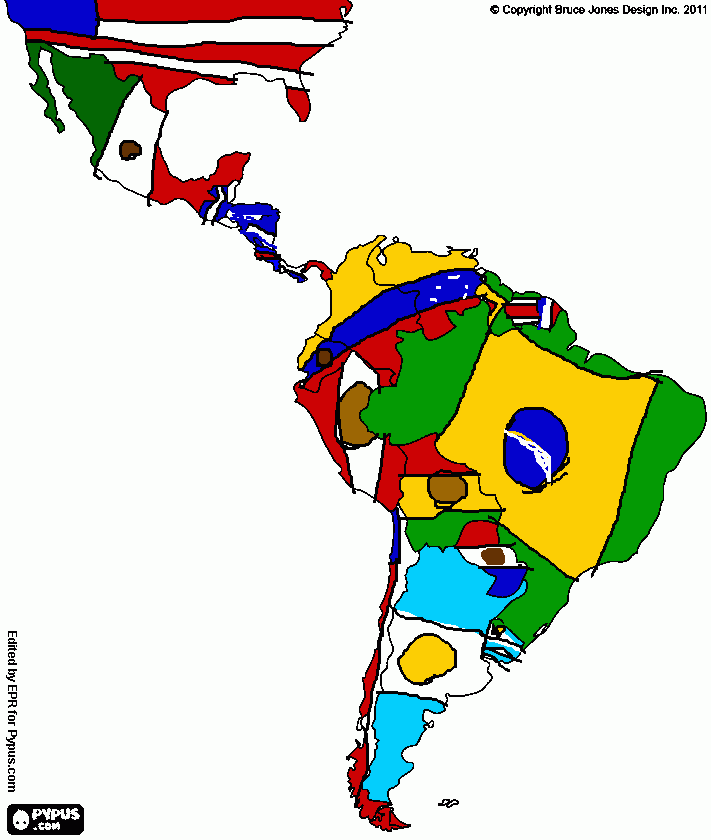america norte y sur con las banderas de los paises para colorear