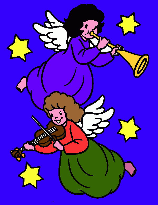 angeles musicos tocando sus instrumentos,un trompeta y un violin para colorear