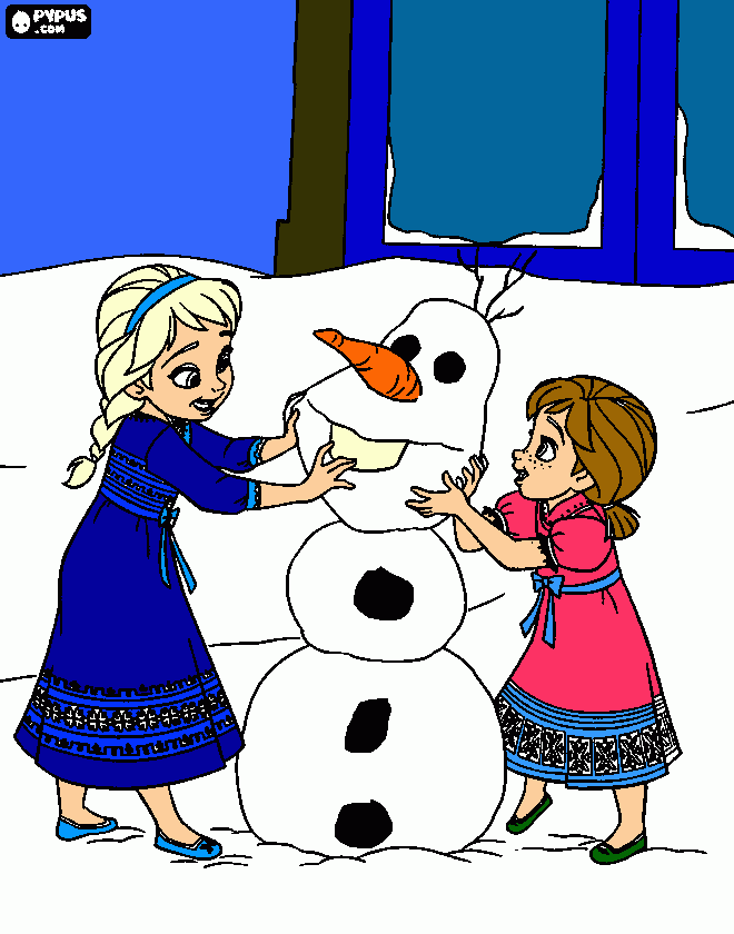 anna y elsa haciendo un muñeco de nieve de pequenas para colorear