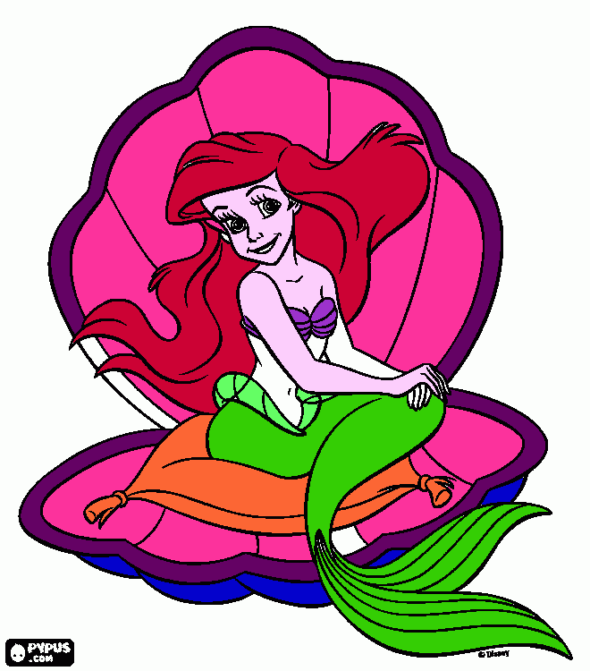 ariel en una caracola de mar y esta sonriendo para colorear