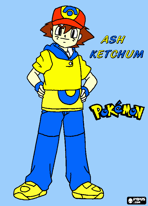 Ash Ketchum es el personaje principal de la serie  y desea convertirse en el mejor entrenador pokémon del mundo entero. Aparece en todas las temporadas de la serie y viaja con Misty , Brock , Aura , Max , Maya , Serena , Clemont , Bonnie , Millo , Iris. para colorear