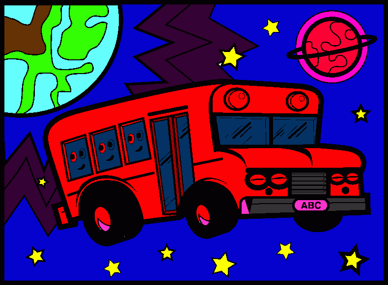 autobus que va con unos propulsores por el espacio para colorear