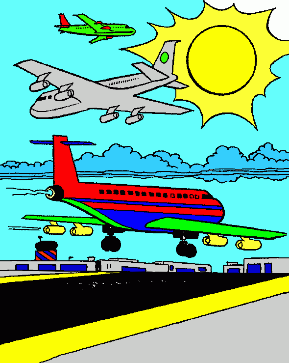 aviones aterrisando y sobrebolando el aeropuerto para colorear