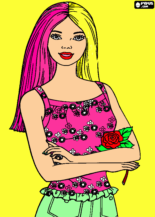 barbie con una rosa en la mano para colorear