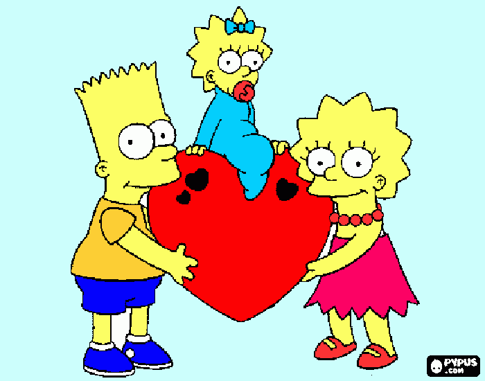 Bart, Lisa y Maggie con un corazon para colorear