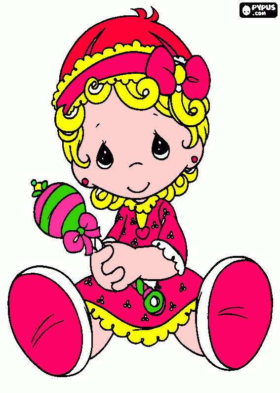 bebe bestido rosado y rulos dorados  para colorear