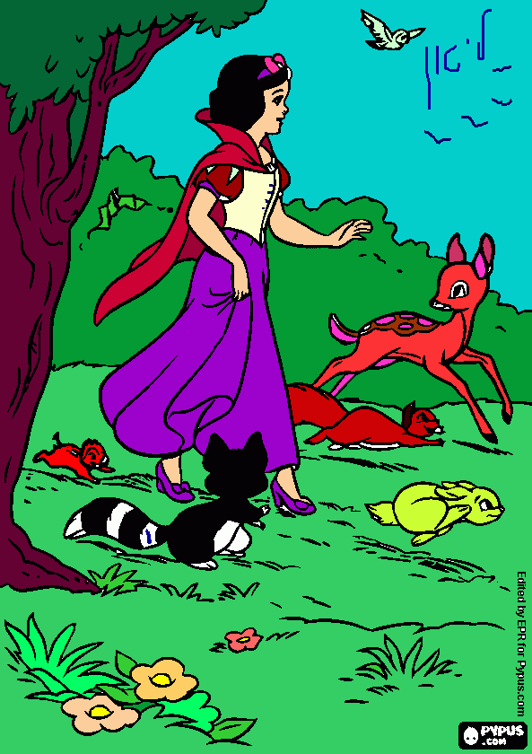 Blanca nieves pasea en el bosque  para colorear