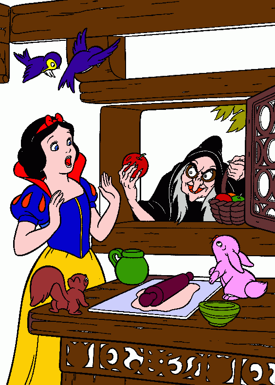 blancanieves ardilla conejo pajaros casa de enanitos bruja para colorear