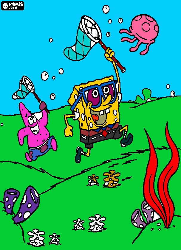 bob esponja y patricio con meduza para colorear
