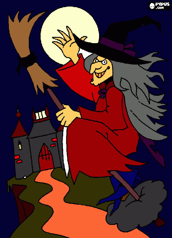bruja volando sobre un castillo y el castillo se ve como en un barrancola lunay se riee diabolicamente para colorear