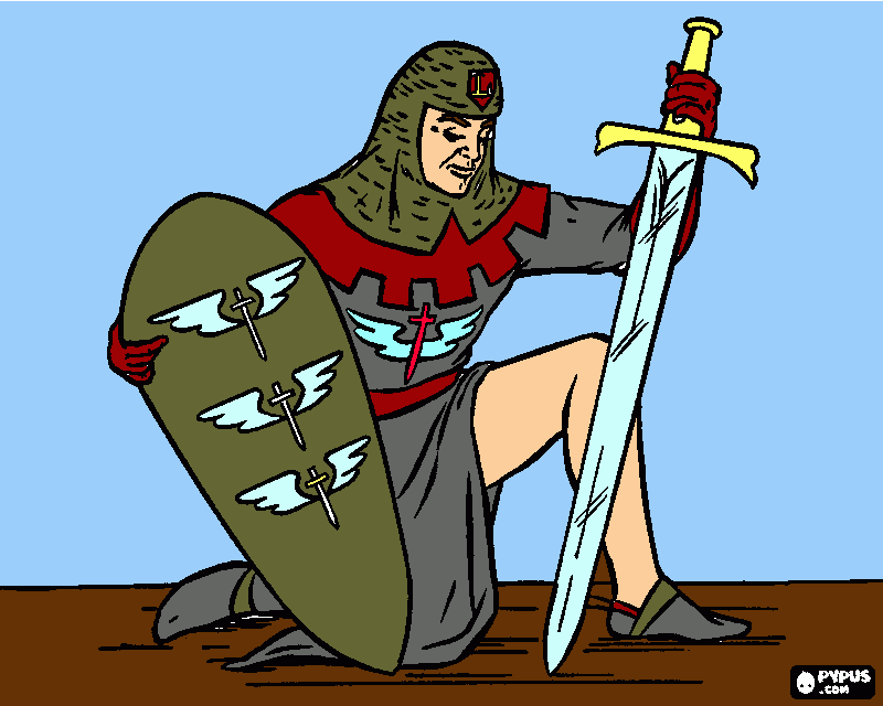 caballero hincado espada y escudo para colorear