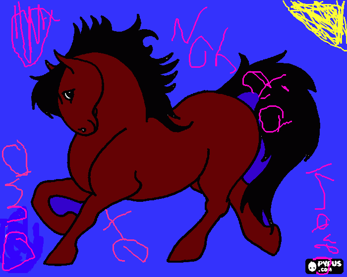 caballo, cafe,pelo negro y palabras escritas con rosa para colorear