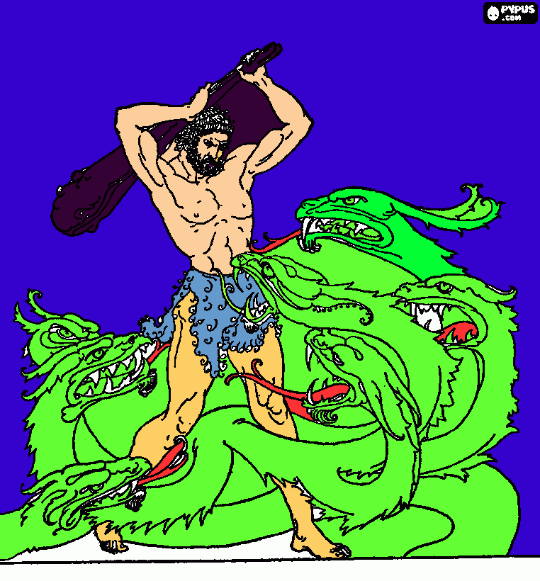 Caleb luchando con culebra de 7 cabezas  para colorear